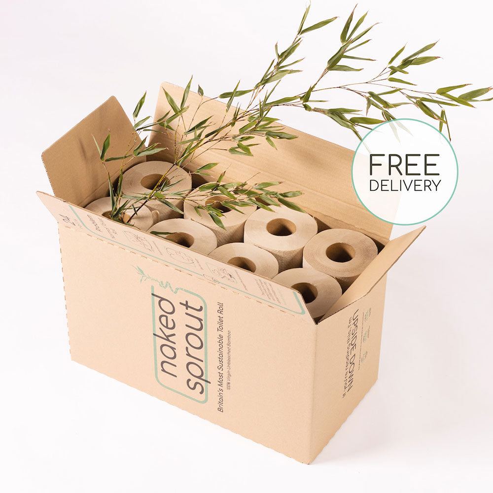 Box of Naked Sprout unbleached bamboo toilet roll with text overlay saying free delivery